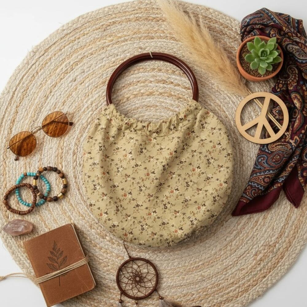 Vintage Reversible Fabric Top Handle Embroidered Bag
